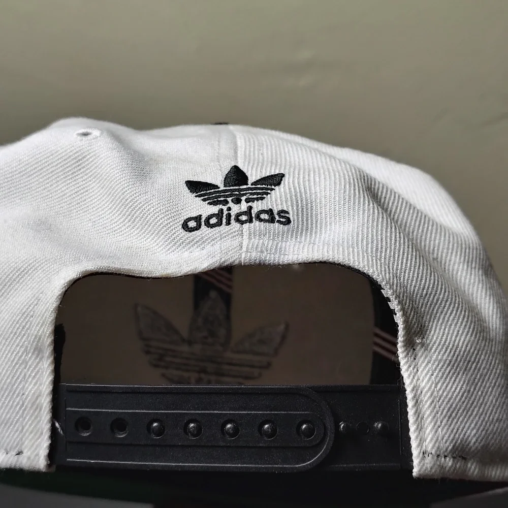 Adidas Hat Cap Snapback White Black Trefoil Spellout Logo Flat Brim Adjustable